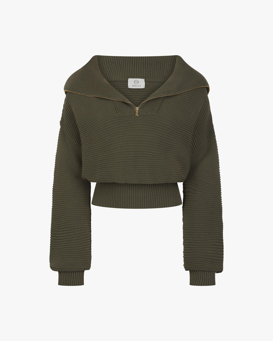 Olive ribbed half-zip cotton cashmere sweater featuring a high funnel neck and gold-finish zip, displayed against a neutral backdrop.