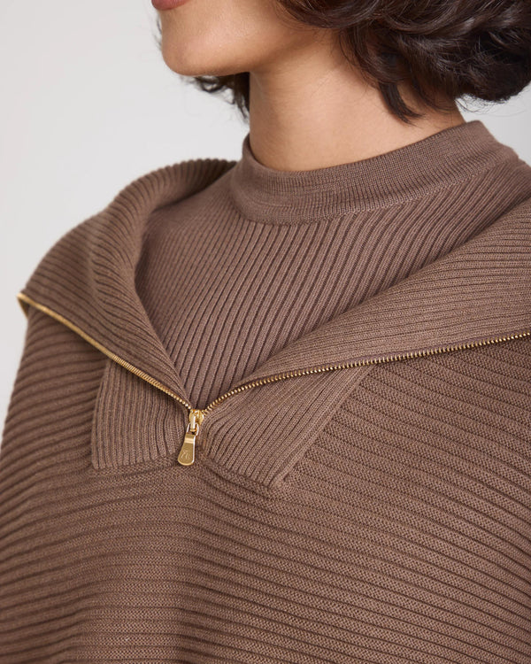 Sorella Ribbed Half Zip Jumper in Taupe featuring gold zip detail and ribbed texture