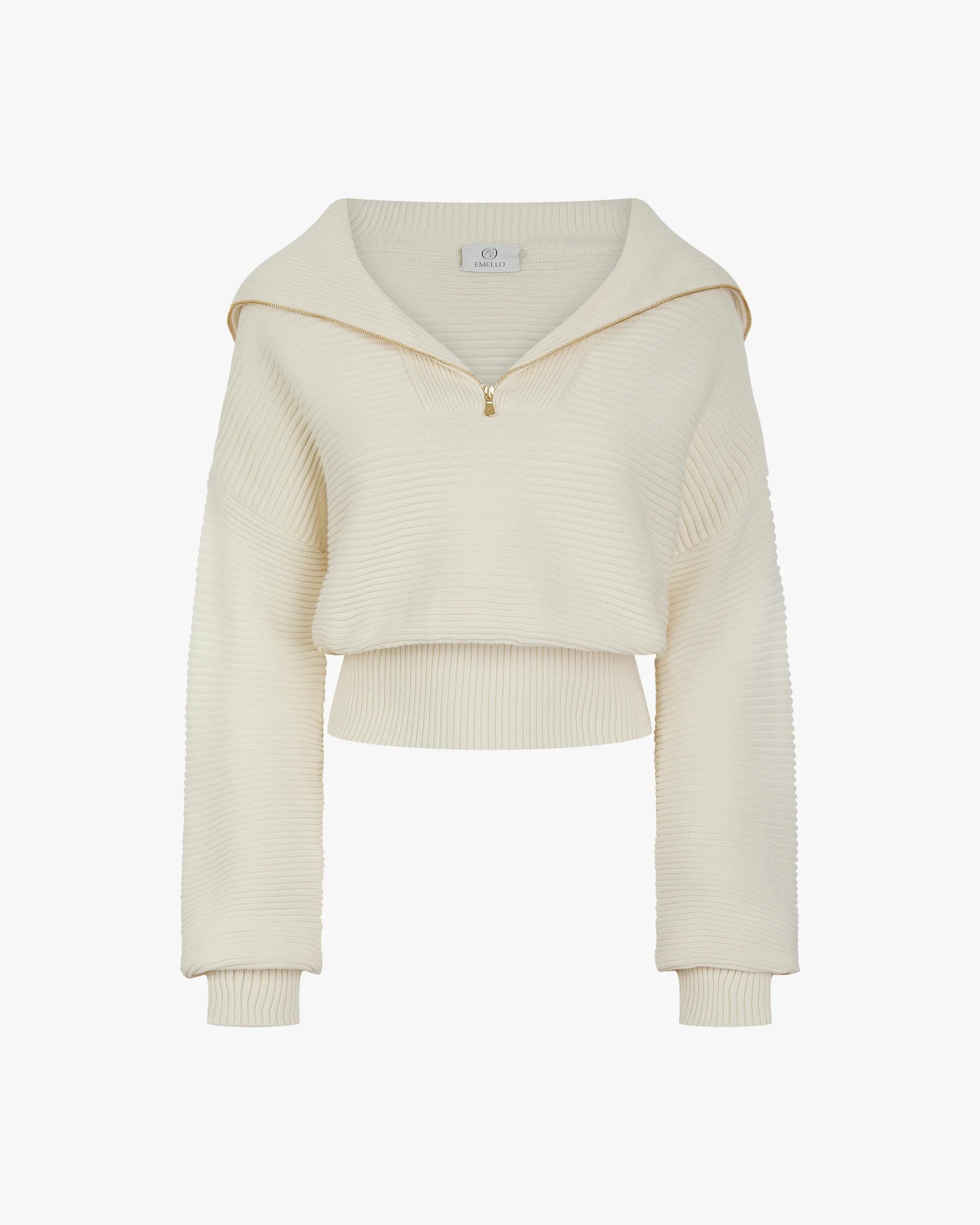 Cream ribbed half-zip sweater in cotton-cashmere blend featuring a funnel neck and gold hardware, made in Italy.