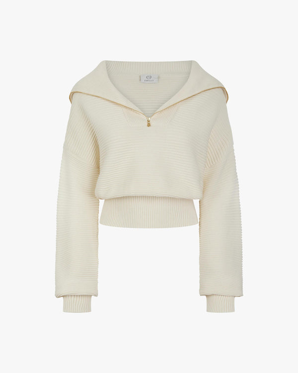 Cream ribbed half-zip sweater in cotton-cashmere blend featuring a funnel neck and gold hardware, made in Italy.