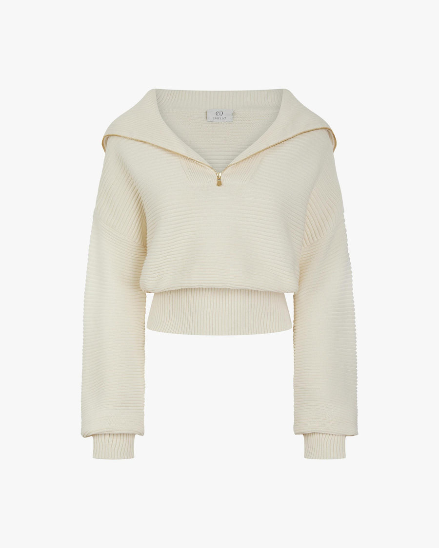Cream ribbed half-zip sweater in cotton-cashmere blend featuring a funnel neck and gold hardware, made in Italy.