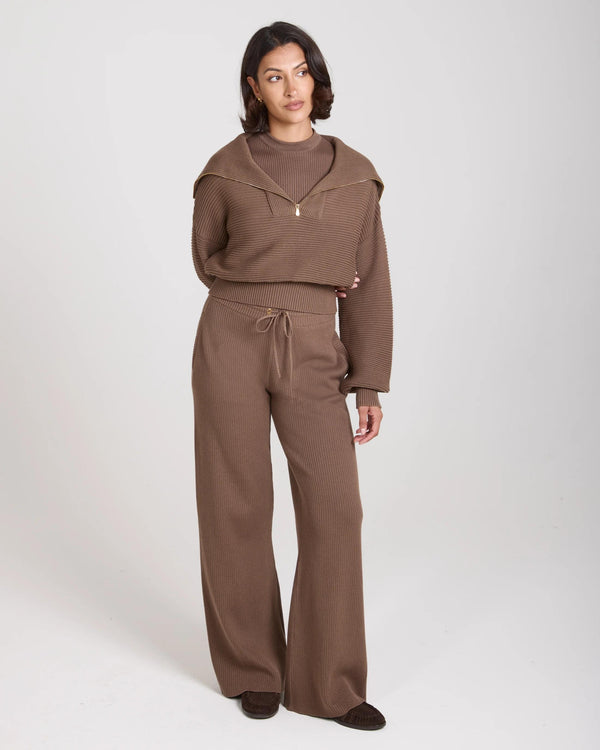 Emello Taupe Ribbed Half Zip Jumper in a relaxed silhouette, crafted in Italy from a cotton-cashmere blend.