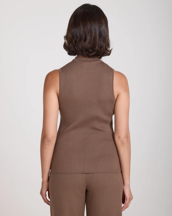 Back view of the Emello Sorella Ribbed Knit Vest in taupe, showcasing the slim fit and ribbed texture.