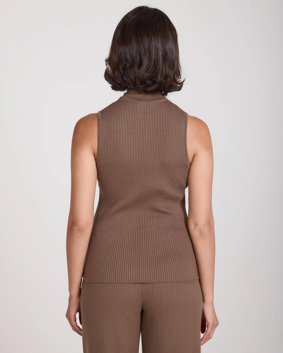 Back view of the Emello Sorella Ribbed Knit Vest in taupe, showcasing the slim fit and ribbed texture.