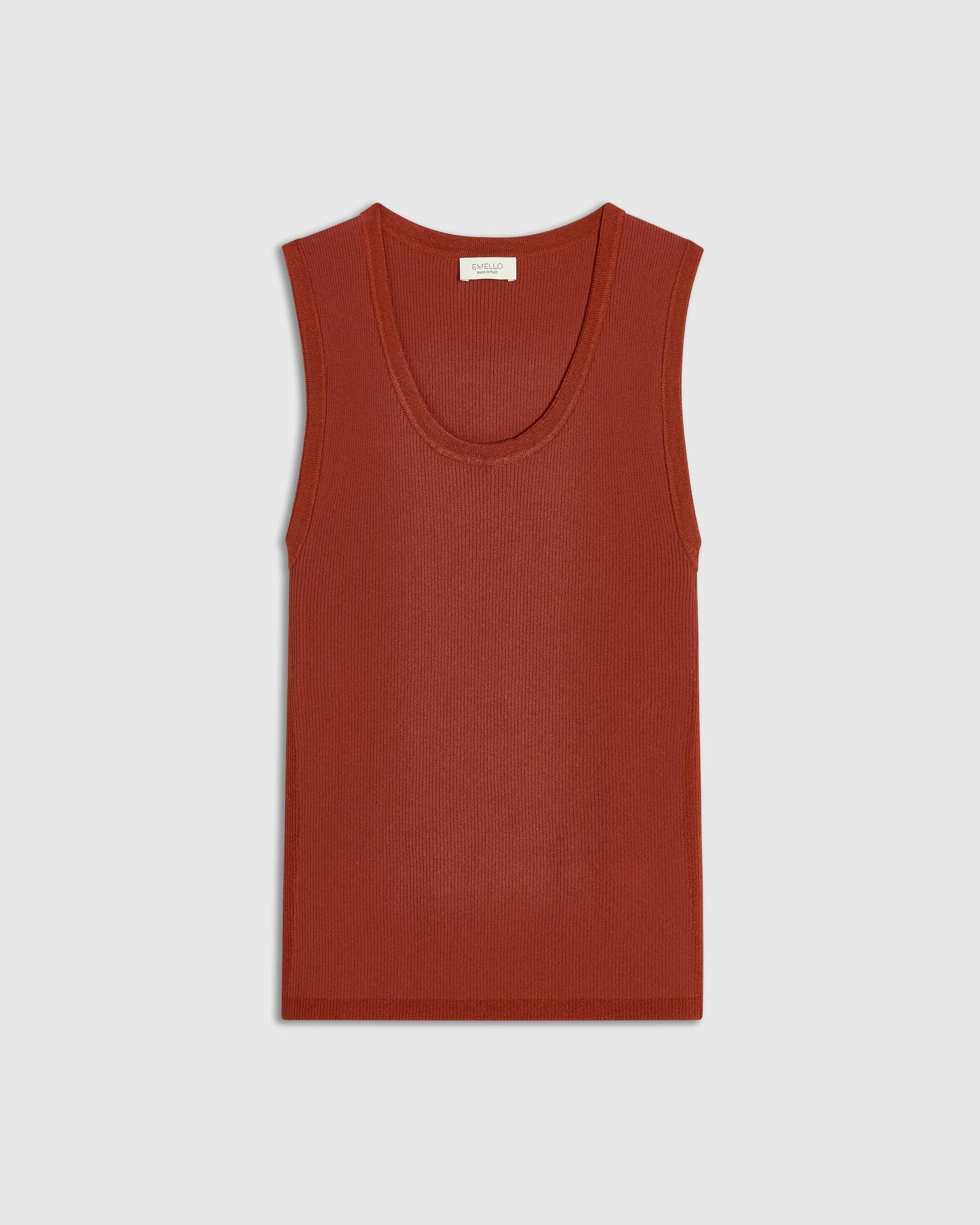 Emello Tonal Ribbed Knit Tank Top in warm rust with ribbed texture and wide shoulders, showcasing a refined scoop neckline.