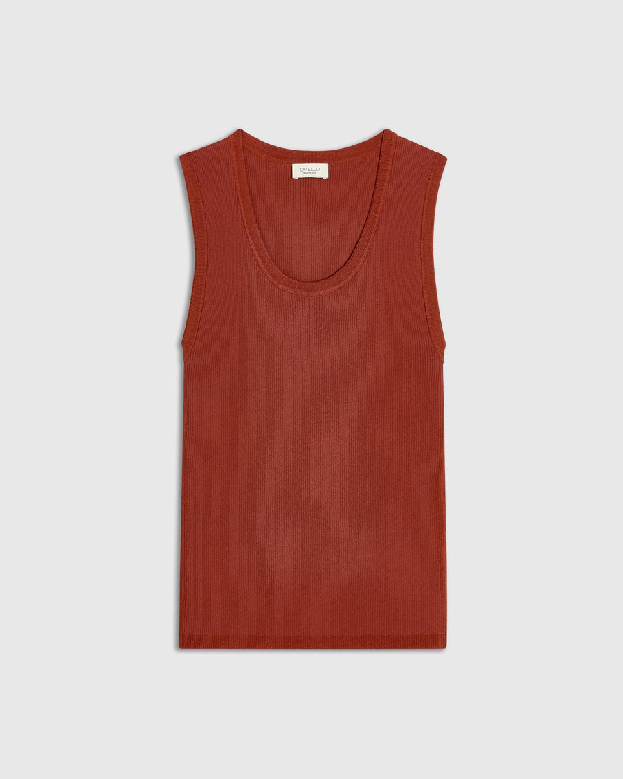 Emello Tonal Ribbed Knit Tank Top in warm rust with ribbed texture and wide shoulders, showcasing a refined scoop neckline.