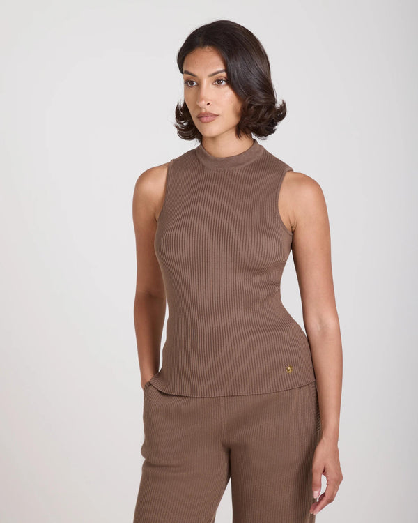 Sorella Ribbed Knit Vest in taupe featuring a slim silhouette and ribbed texture