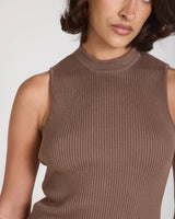 Sorella Ribbed Knit Vest in a rich taupe hue, crafted in ribbed cotton-cashmere blend, worn by a model.