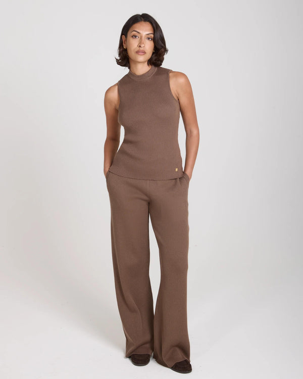 Sorella Ribbed Knit Vest in Taupe, crafted from cotton-cashmere blend, modeled in a studio setting.