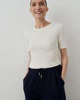 Emello Ribbed Pocket Tee in Cream featuring tonal chain-stitch embroidery