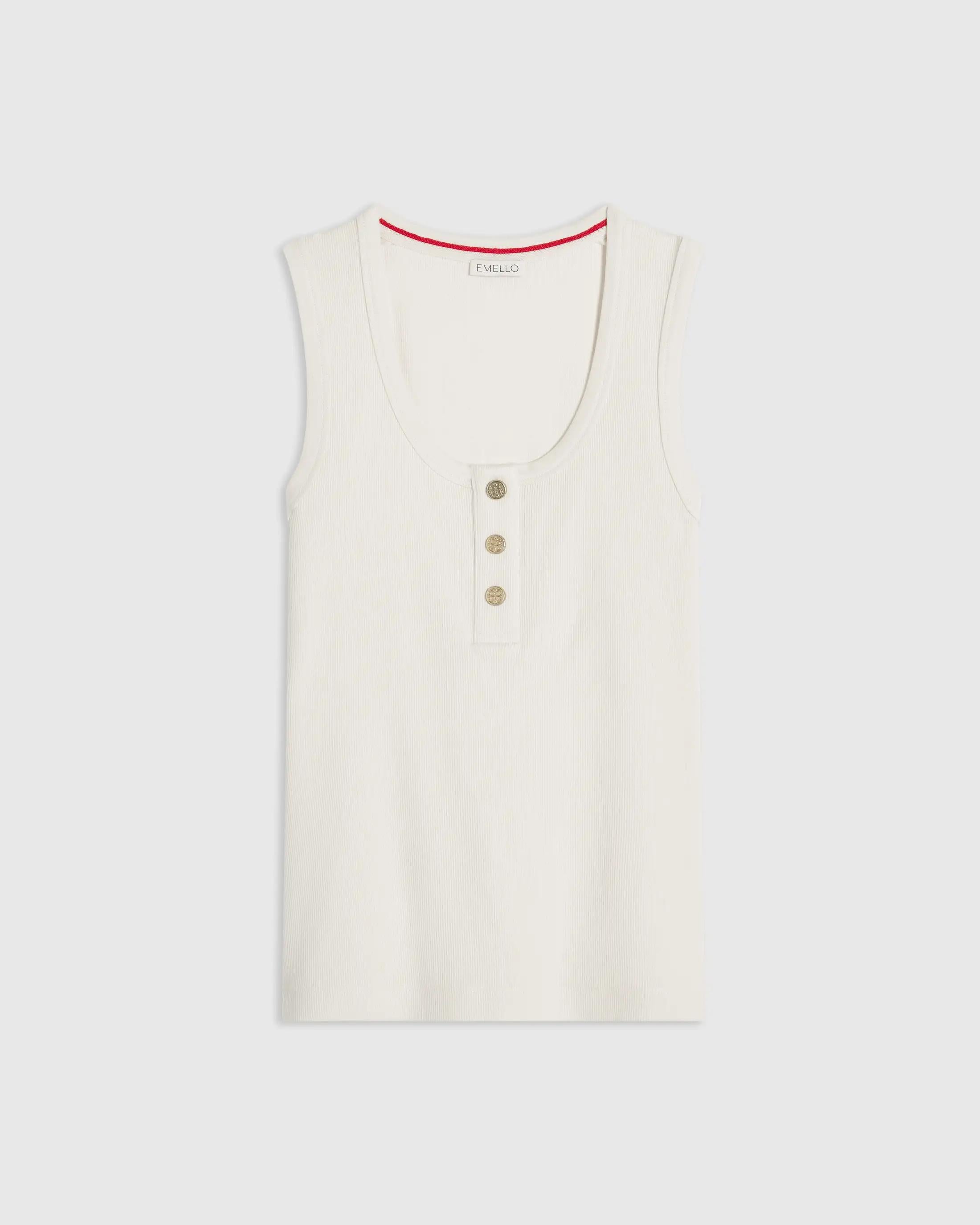 Emello Ribbed Popper Tank Top in Cream, featuring a scoop neckline and metal poppers.