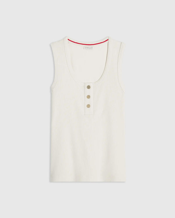 Emello Ribbed Popper Tank Top in Cream, featuring a scoop neckline and metal poppers.