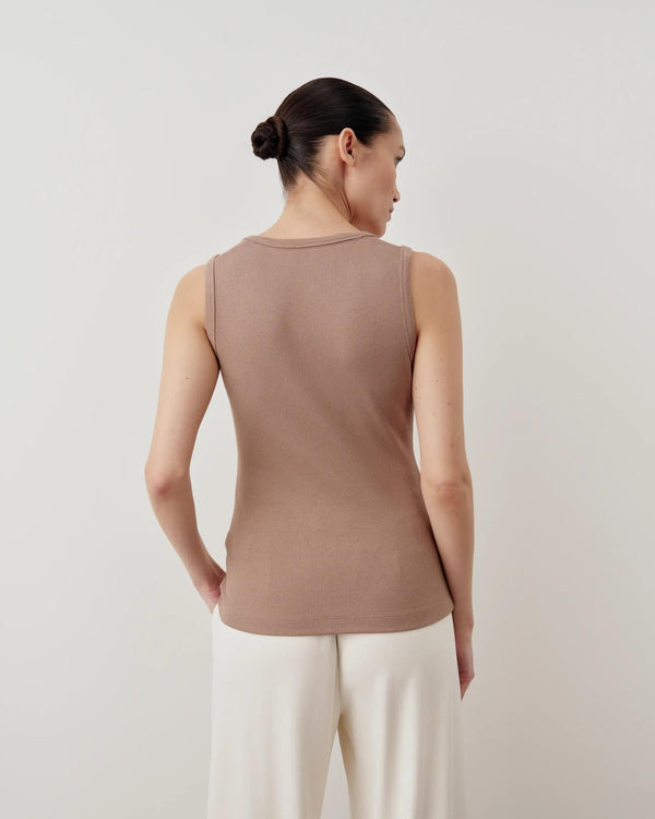 Back view of Emello Ribbed Popper Tank Top in taupe, featuring a body-skimming fit and smooth, silken matte texture.