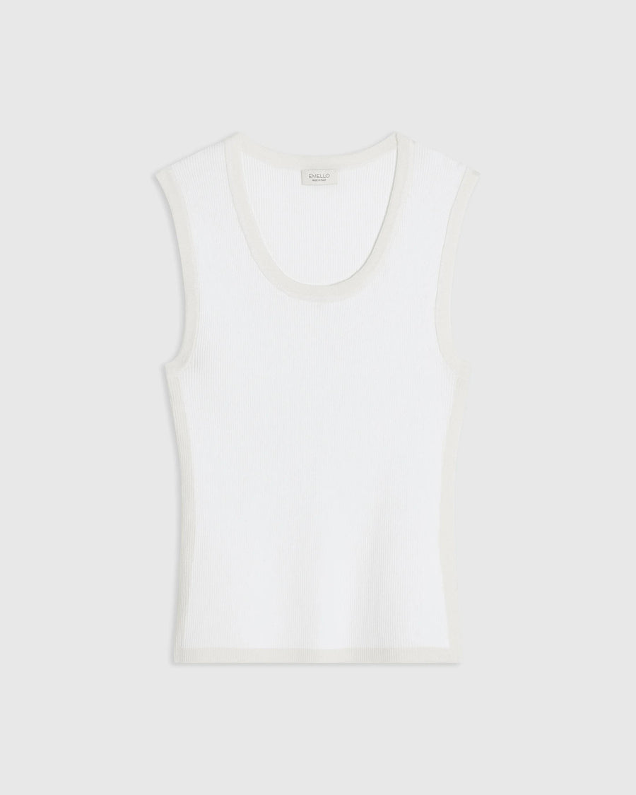 Emello Tonal Ribbed Knit Tank Top in White, featuring a soft scoop neckline and wide shoulders.