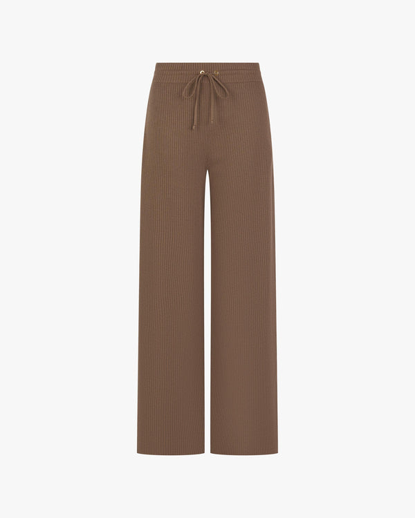 Taupe ribbed wide-leg trouser in cotton-cashmere with gold hardware.