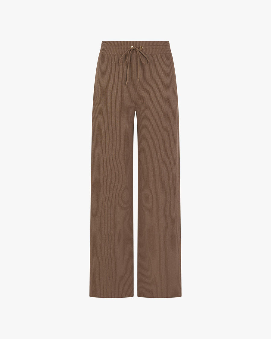 Taupe ribbed wide-leg trouser in cotton-cashmere with gold hardware.