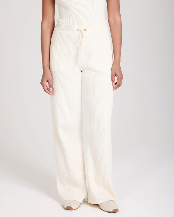 Sorella Ribbed Knit Wide Leg Trousers in Cream, relaxed fit with gold trims crafted in Italy.