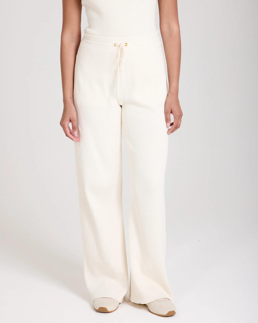 Sorella Ribbed Knit Wide Leg Trousers in Cream, relaxed fit with gold trims crafted in Italy.