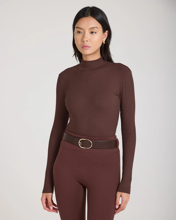 Emello Forma Ribbed Lyocell-Cotton Blend Turtleneck Top in Chocolate, featuring a high shaped collar and slim fit.