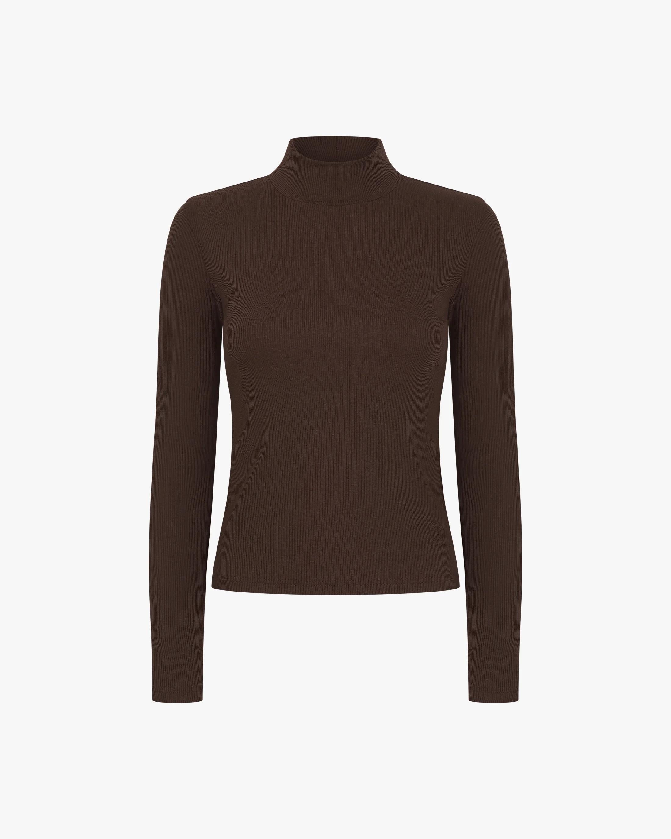 Chocolate brown ribbed turtleneck in lyocell-cotton blend with high collar, long sleeves.