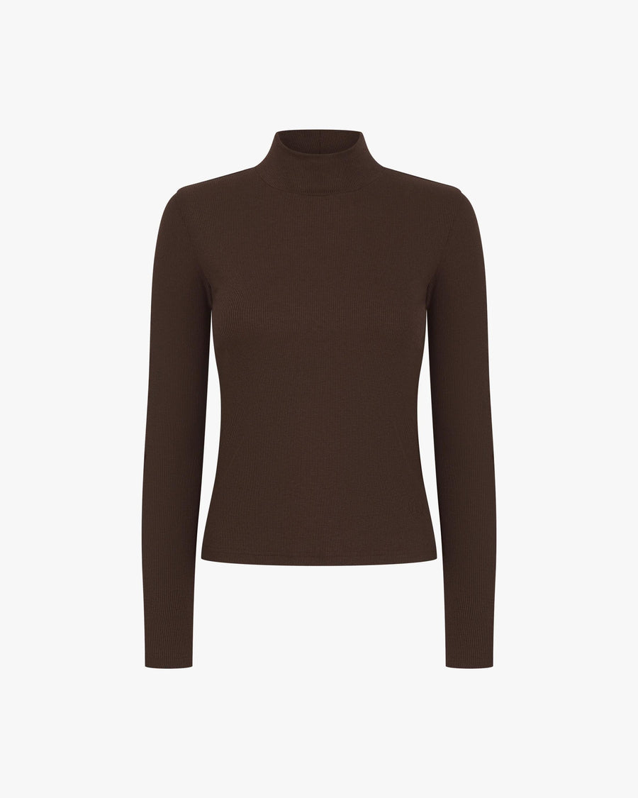 Chocolate brown ribbed turtleneck in lyocell-cotton blend with high collar, long sleeves.