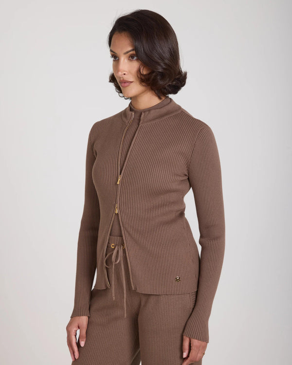 Sorella Ribbed Zip Through Cardigan in Taupe, crafted in Italy from cotton-cashmere with gold-finish details.