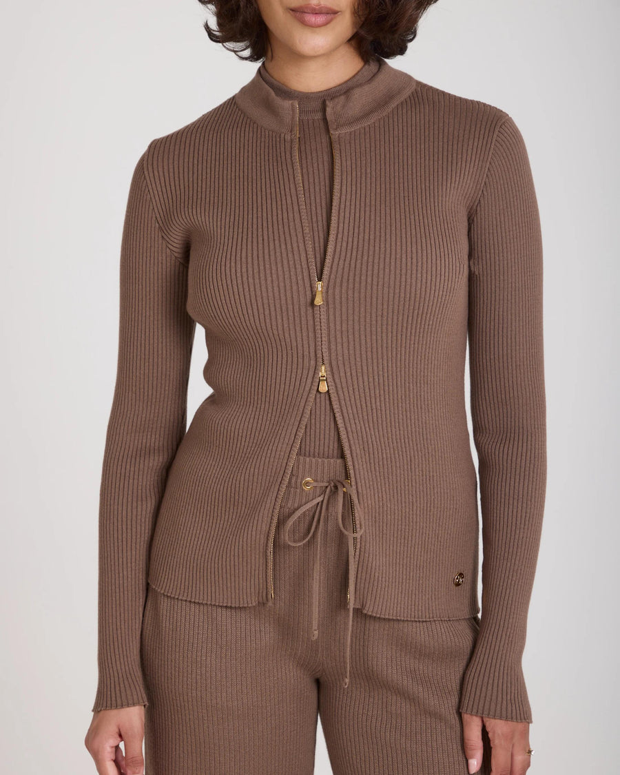 Emello Sorella Ribbed Zip Through Cardigan in Taupe, crafted from fine cotton-cashmere with gold accents.
