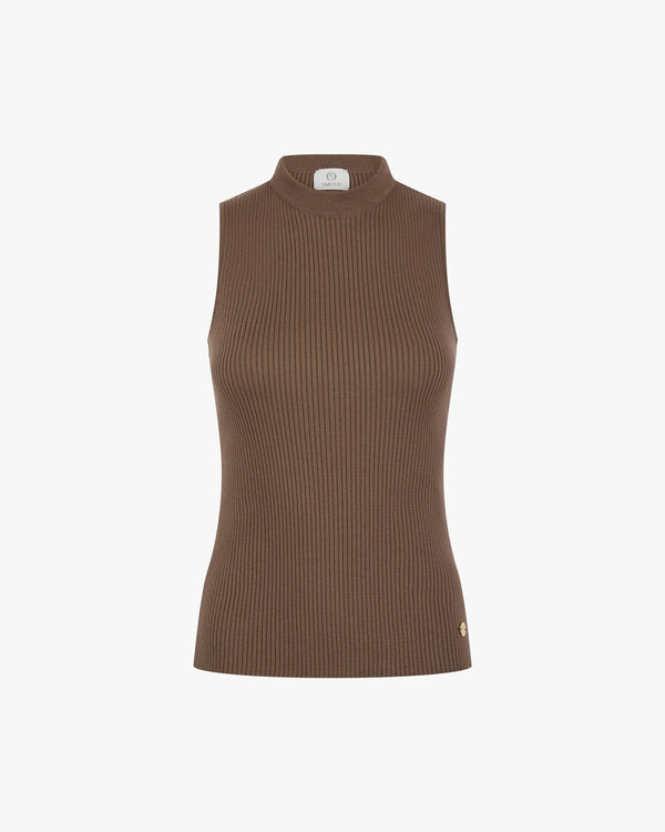 Taupe ribbed vest in cotton-cashmere with a sleeveless crew neck design, featuring a refined texture and gold hardware.