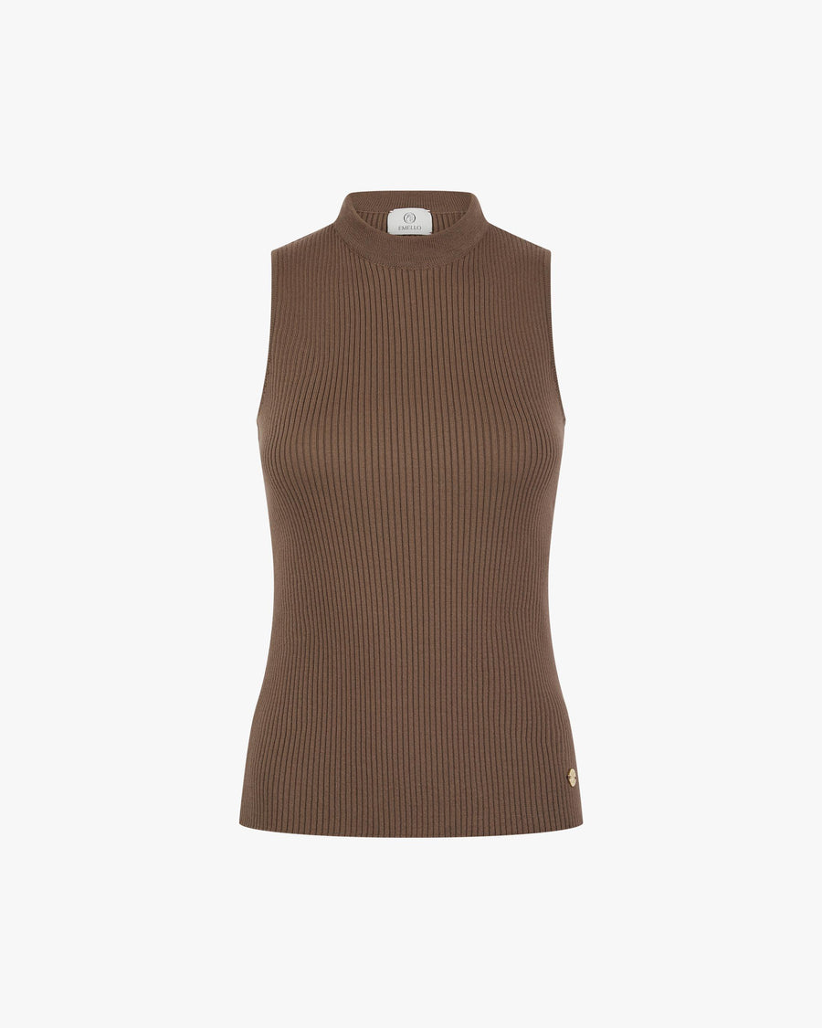 Taupe ribbed vest in cotton-cashmere with a sleeveless crew neck design, featuring a refined texture and gold hardware.