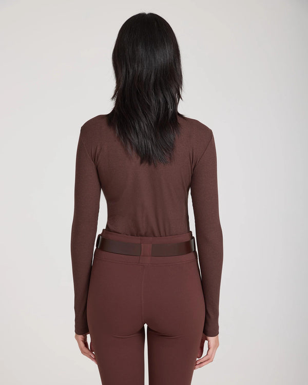 Back view of woman wearing Emello Forma Super Soft Sculpting Leggings with Belt Loops in Chocolate.