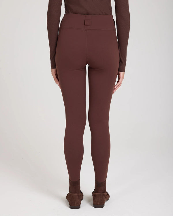 Rear view of Forma Super Soft Sculpting Leggings in Chocolate with belt loops and high-waisted fit.