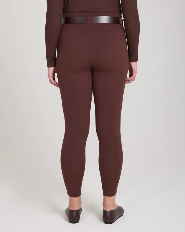 Back view of Emello Forma Super Soft Sculpting Leggings with belt loops in chocolate color.