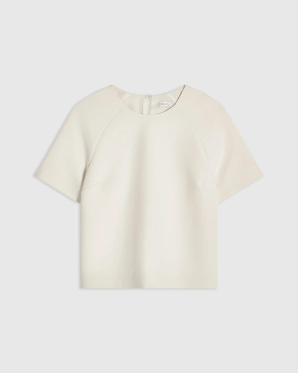 Emello Structured Short Sleeve Top in Cream with sculptural silhouette and clean round neckline.