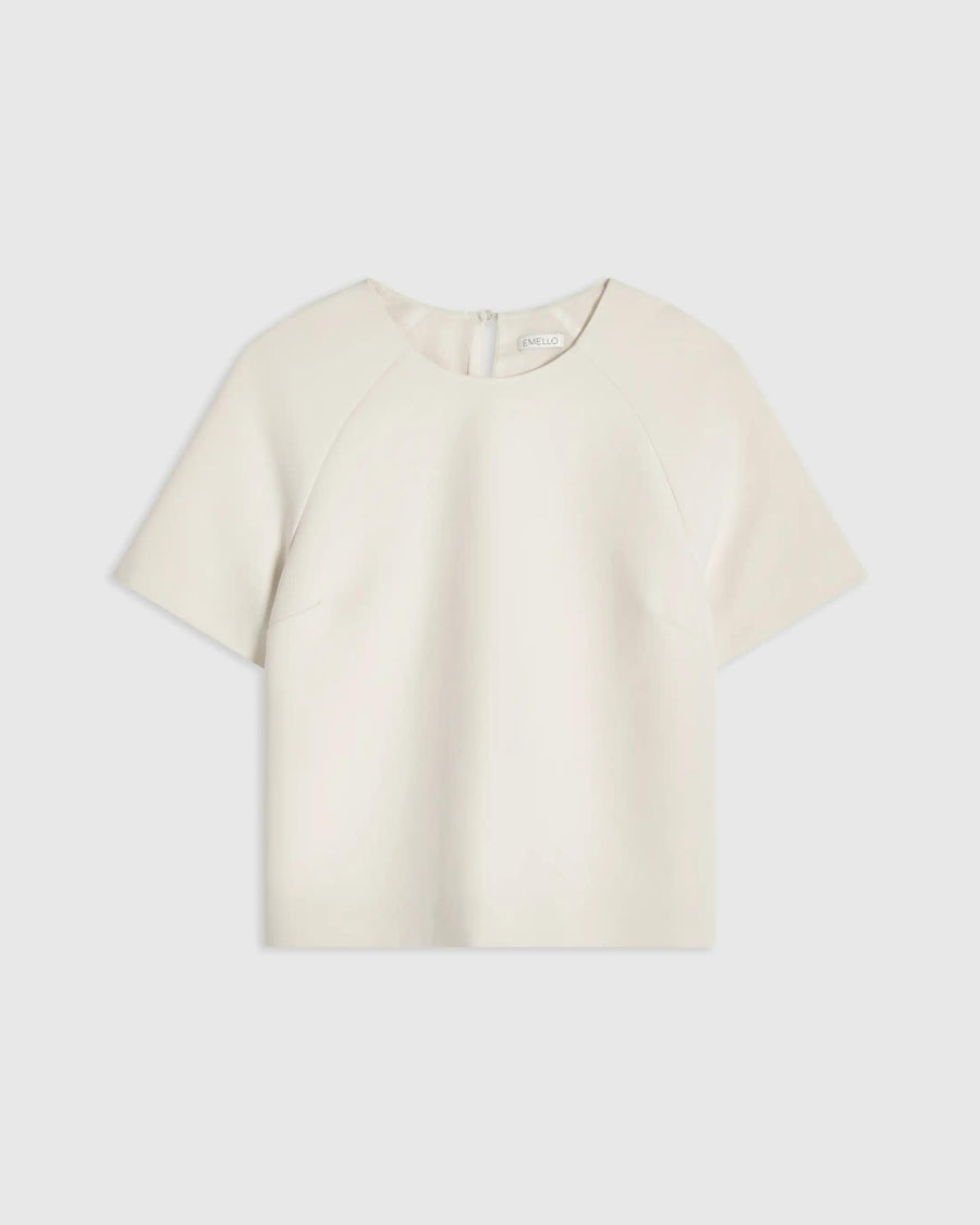 Emello Structured Short Sleeve Top in Cream with sculptural silhouette and clean round neckline.