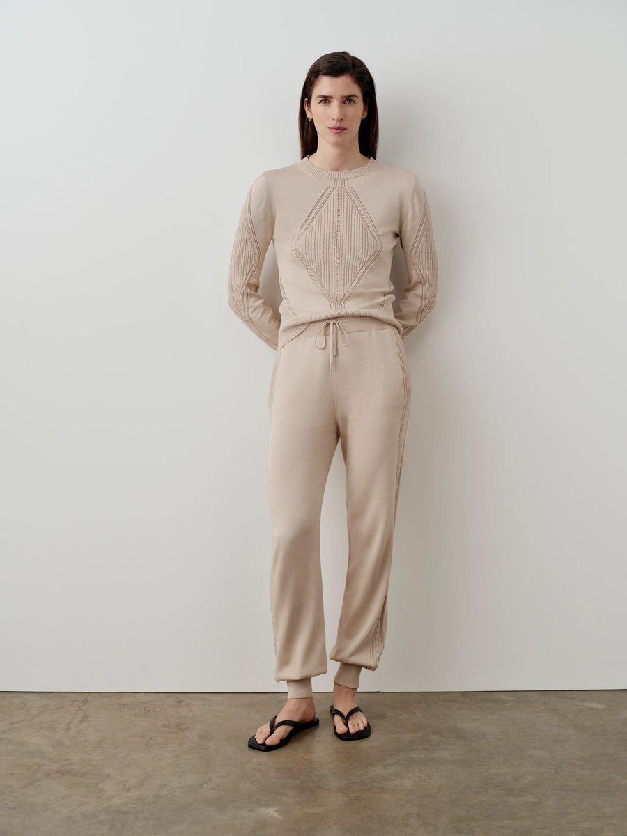 Silk Blend Pointelle Trousers in neutral, elegantly styled with vertical pointelle detailing and blouson cuffs.