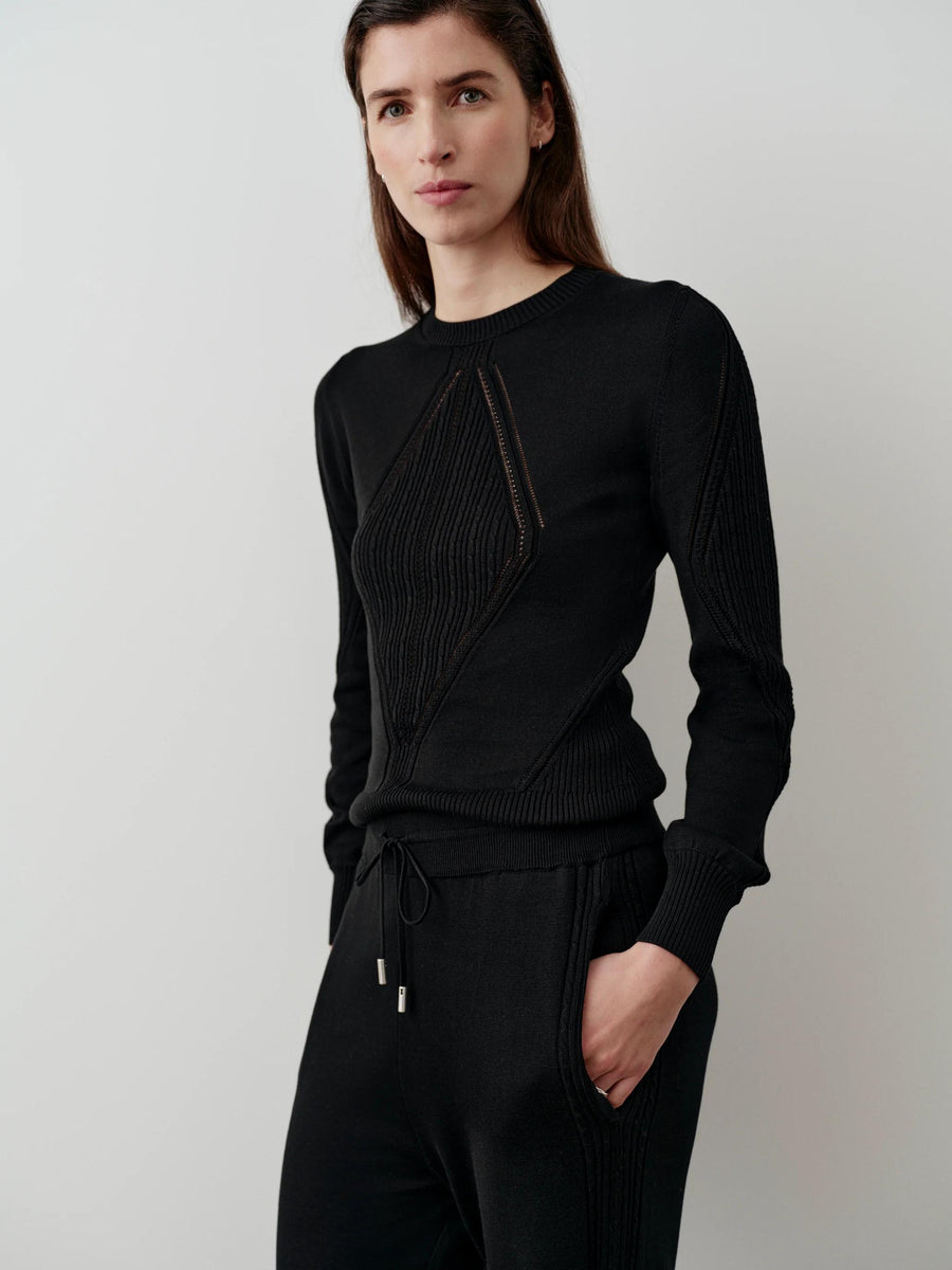 Silk Blend Pointelle Sweater in black, with intricate geometric panels and blouson sleeve shaping, worn by a model against a softly lit neutral background.