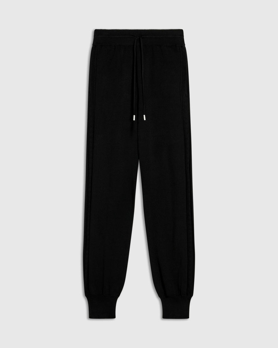 Silk Blend Pointelle Trousers in black with vertical detailing and blouson cuffs