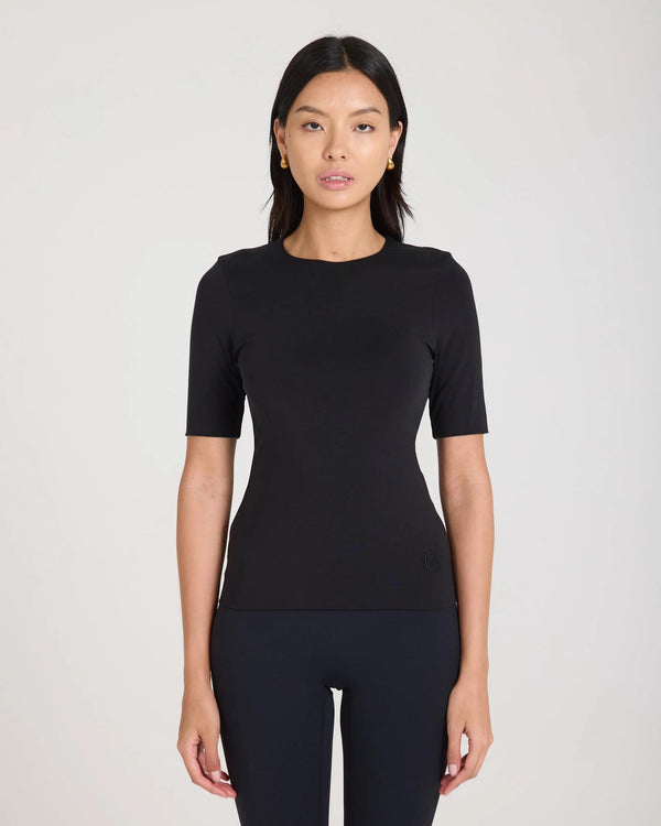Emello Forma Silky Lyocell Jersey Double-Layer Top in Black, featuring a slim fit and modern design.