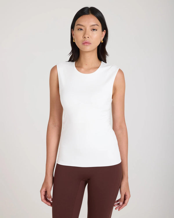Cream lyocell jersey double-layer vest with crew neck, worn by model.