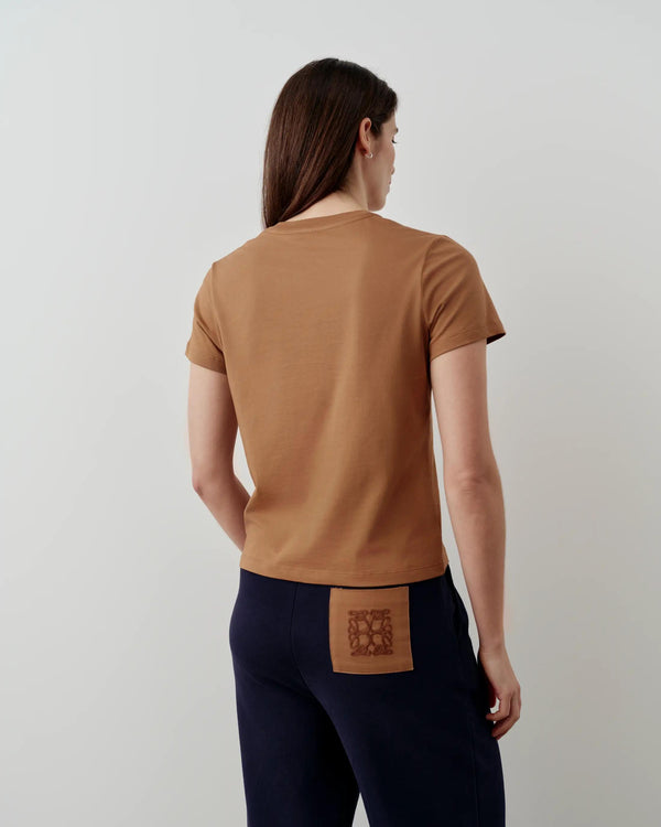 Back view of Emello Supima Cotton Pocket Tee in camel tone