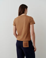 Back view of Emello's Supima Cotton Pocket Tee in camel tone showcasing the smooth, short-sleeved design.