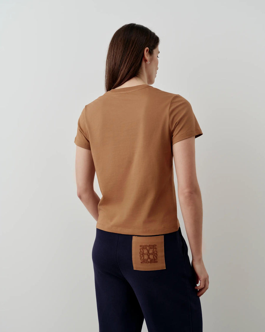Back view of Emello's Supima Cotton Pocket Tee in camel tone showcasing the smooth, short-sleeved design.