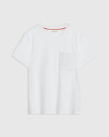 Supima Cotton Pocket Tee in calming white, featuring a chest pocket with signature mirror chain-stitch embroidery.
