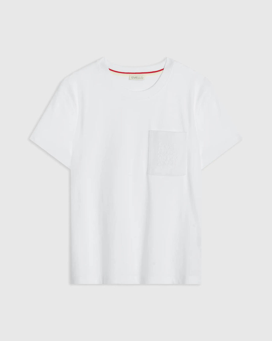 Supima Cotton Pocket Tee in calming white, featuring a chest pocket with signature mirror chain-stitch embroidery.
