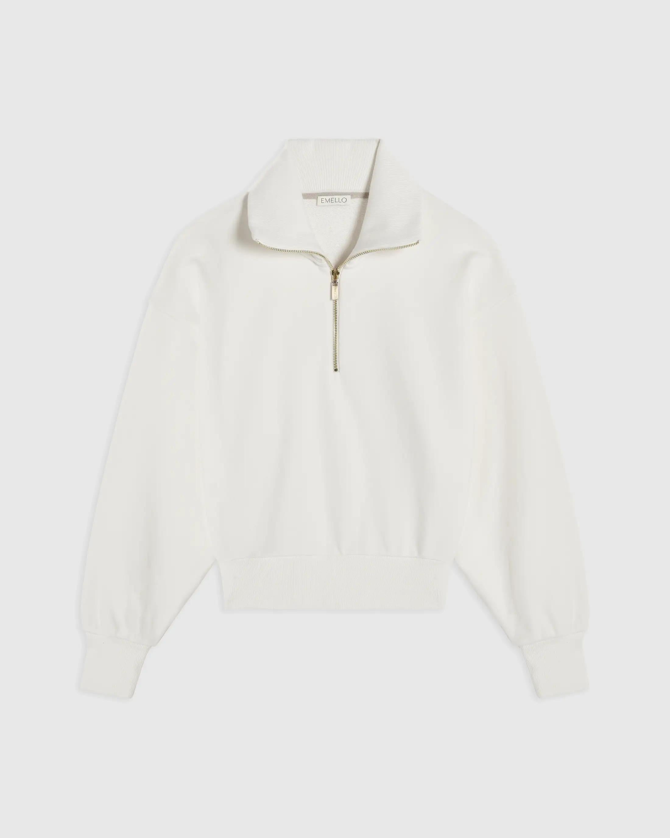 Cream funnel-neck sweatshirt by Emello with a half-zip opening.