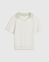 Emello Textured Knit Polo Top with contrast collar in a crochet-effect design.