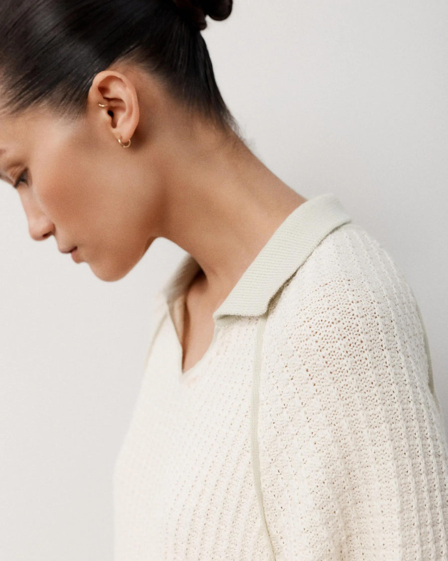 Textured Knit Polo Top in white with open-knit crochet effect and relaxed fit.