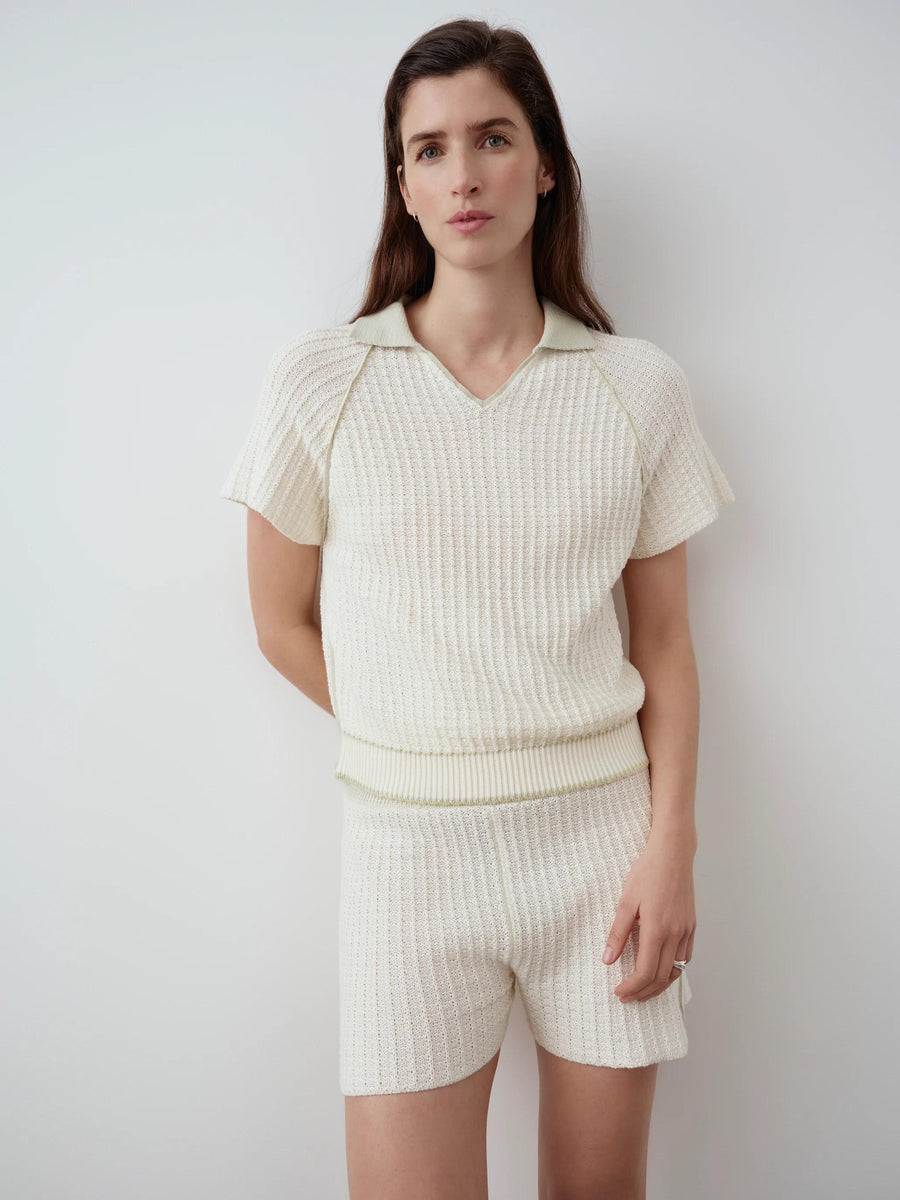 Textured Knit Shorts in white, showcasing a softly fluted silhouette with crochet-effect cotton fabric.