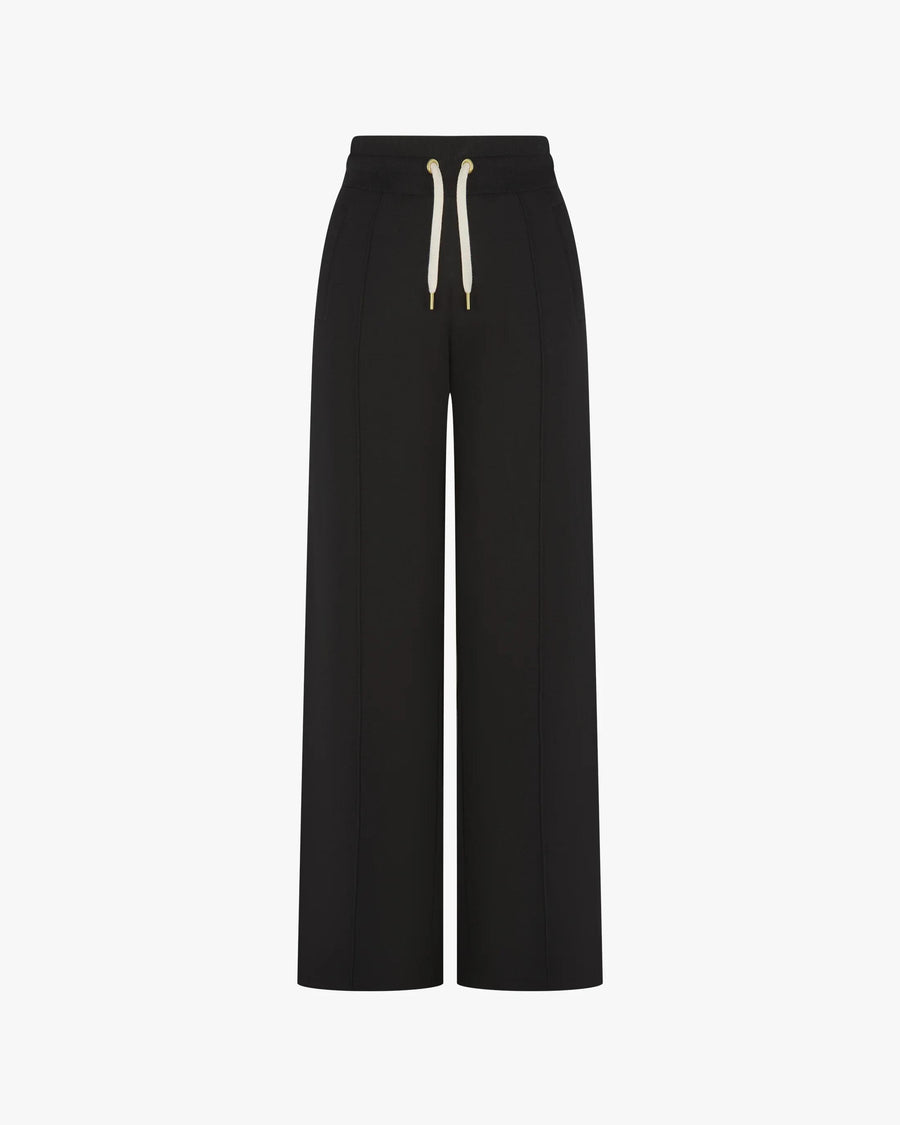 Refined black lyocell trousers with wide-leg fit and pin-tuck detailing.