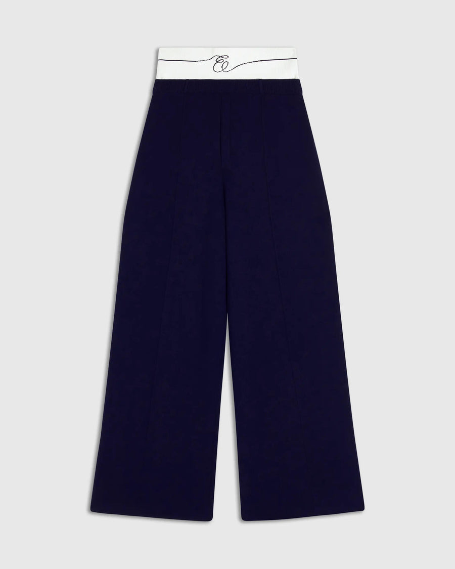 Double Waistband Knitted Trousers in Navy, showcasing wide-leg design and refined tailoring.